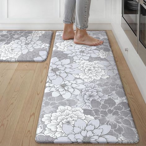 Kitchen floor mat, absorbent and non-slip PVC mat, oil-resistant, washable, long strip mat for winter entryway - Floral design - light gray - 44751.0cm
