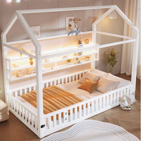 Bett Kinderbett Hausbett aus Metall 90x200 cm Weiß mit Sicherheitszaun und LED-Beleuchtung (1/5)
