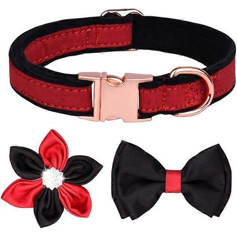 Katzen-/Hunde-Prinz-Schleife, Blume, Kristall, funkelnd, rot, schwarz, 3-teiliges Set, Größe M, elegantes Haustieraccessoire.
