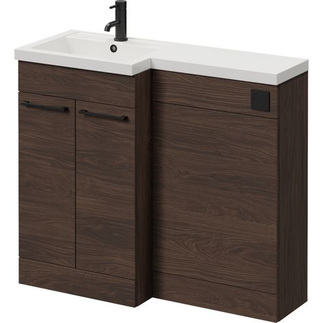 Napoli 390 Brown Oak 1000mm 2 Door Vanity Unit Toilet Suite with Left Hand Square Lucia Basin - 1000mm - Matt Black 160mm HandleWithout Kingston Toilet Pan