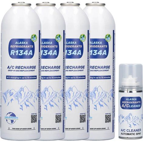 4 x Alaska Kältemittel Ersatzkältemittel R134a für Fahrzeuge (Reinigungsspray für Klimaanlagen inklusive)