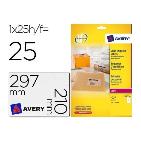 Etiqueta adhesivas avery din a4 imprimibles transparente 210x297 mm caja de 25 hojas con 25 etiquetas