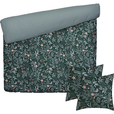 Parure de lit 3 Pièces 2 Personnes - Housse de Couette 260x240 cm et 2 Taie Oreiller 63x63 cm – 100% Satin de Coton, 80 Fils – Jardin Suspendu – Vert (1/5)