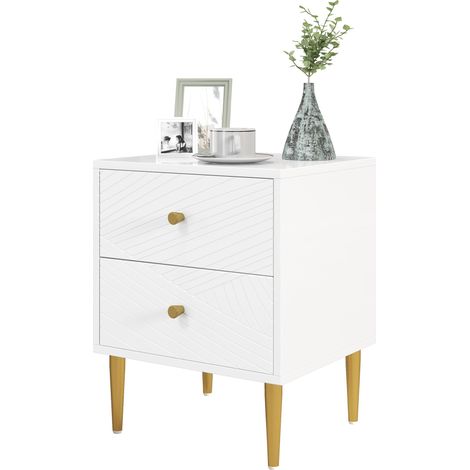 Table de chevet 40 x 35 x 50 cm 2 tiroirs rangement spacieux poignées ton or pieds acier moderne épuré en MDF blanc 210001626 (1/5)