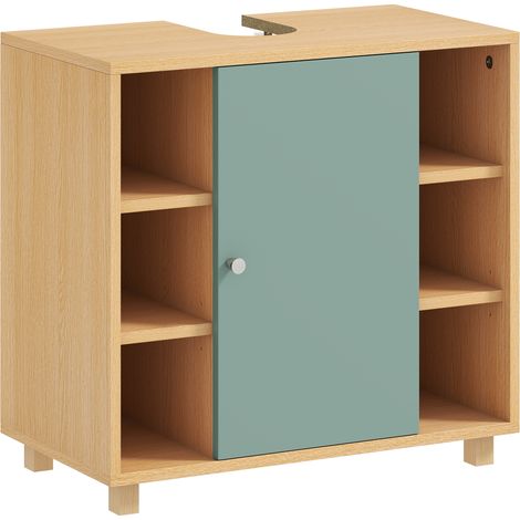 Meuble vasque salle de bain 60x33x57 cm vert, rangement avec 6 étagères ouvertes et porte à fermeture silencieuse (1/5)