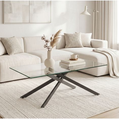 Tavolino rettangolare in vetro temperato con struttura in metallo nero, design moderno per il soggiorno. (1/5)