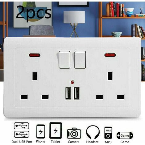 FLITI 13A Double Wall Socket with 2 USB Ports, White Flat Plate, Fire-Resistant PC, 146x86mm, for Home and Office, DC 5V/2.1A Fast Charging, Easy to Install (1/5)
