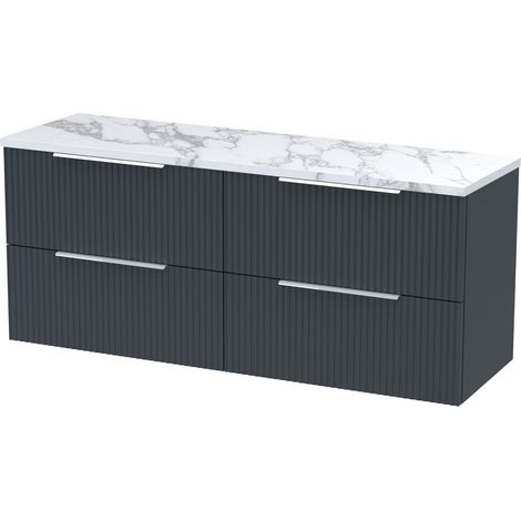 Hudson Reed Fluted Wall Hung 4-Drawer Vanity Unit with Carrera Marble Worktop 1200mm Wide - Satin Anthracite (1/3)