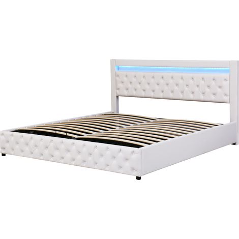 Cama con canapé capitoné 180 x 200 cm en PU blanco con somier, almacenaje y LED MODENUIT (1/5)