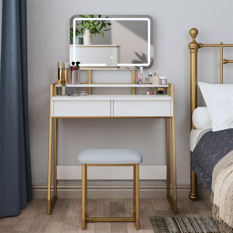 Mondeer Toeletta Trucco con Luci LED, Tavolo da Trucco con Sgabello e Specchio, Luminosità Regolabile, 2 Ampi Cassetti e Ripiani, Struttura in Metallo, per la Camera da Letto, Bianco e Oro (1/5)