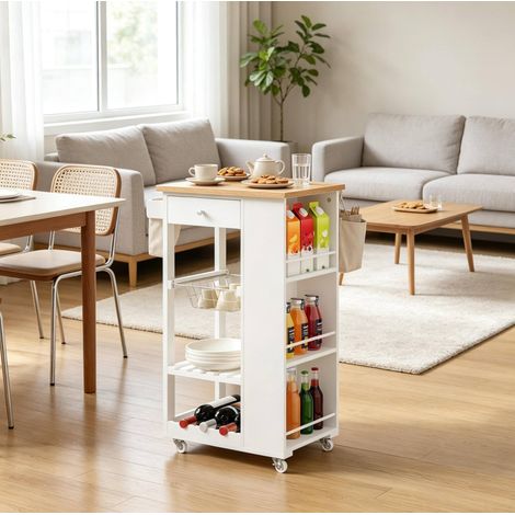 Carrello da cucina mobile con ruote, 50 x 37 x 87 cm, bianco, MDF, bambù e metallo, OKWISH (1/4)