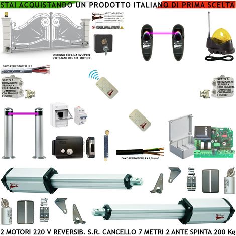 Cancello Elettrico da 7 Metri 2 Ante da 3,5 MT Kit Motori Elettromeccanici Reversibili 230 V Centrale 2 Fotocellule 2 Radiocomandi Salvavita Faro Serratura Paletto Selettore Scatole Fusibili Cavi (1/4)