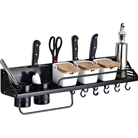 Étagère murale à épices et ustensiles, Rangement de cuisine aluminium avec 10 crochets, porte-couteaux, boîte à baguettes et porte-rouleau de cuisine, 80 cm, noir (1/5)