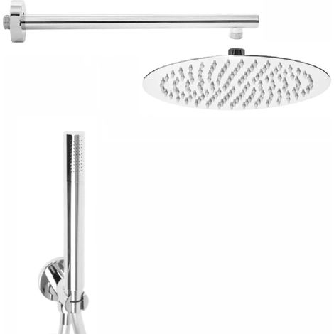 Set doccia completo con soffione tondo slim diametro 20 cm braccio e kit doccino in ottone cromo lucido (1/2)