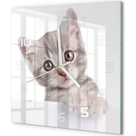 Horloge Murale Carrée Silencieuse Verre Trempé Décoration Maison Moderne Chat gris 30x30 cm (1/5)