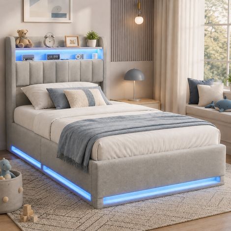 Lit coffre 90x200cm avec sommier lattes - Lit simple avec rangement hydraulique - Tête de lit en velours - Ports USB et Type-C - LED - Gris (1/5)