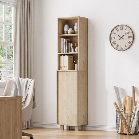 Meuble de salle de bain haut 35 x 30 x 162,5 cm colonne étroite étagères ouvertes et porte en mdf style moderne chêne (1/5)