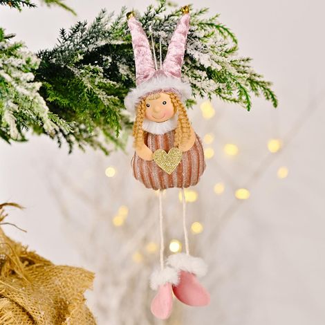 Suspension Ange en Peluche Rose avec Clochette Dorée pour Décoration de Sapin de Noël Intérieur 16x6x3 cm (1/5)