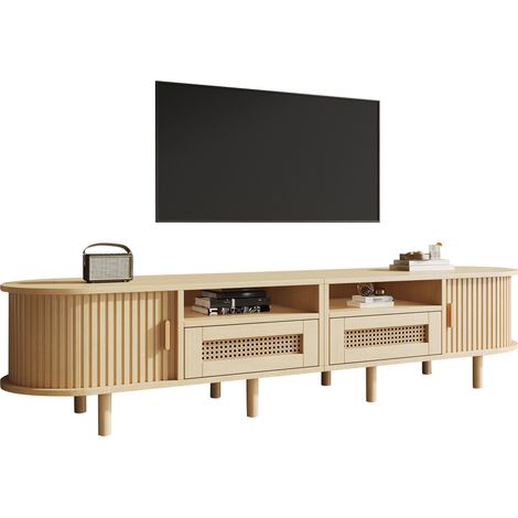TV Lowboard mit 2 Schubladen und 2 Schiebeturen, Ovale Platte, aus MDF, Helleiche, 170 x 40 x 40 cm (1/5)