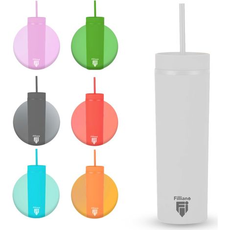 Gobelet avec paille à double paroi, Tumbler pour boissons 473 ml/16 oz, verre acrylique pour café, thé, sport, bureau, bouteille d'eau avec paille, Skinny Tumbler avec bouchon (blanc) (1/5)