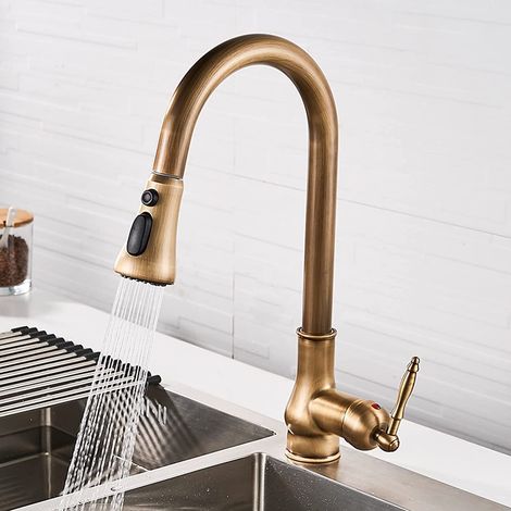 Mitigeur de cuisine en laiton vieilli, robinet d'évier rétractable avec pommeau, douchette extractible pour lavabo, finition bronze antique (1/5)