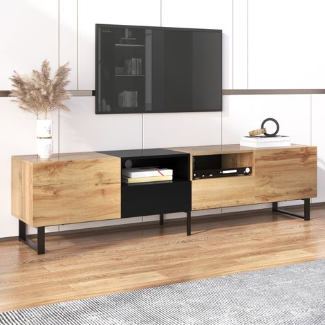 Meuble TV 190 x 38 x 48 cm en MDF, noir et bois, avec 2 portes et 2 tiroirs DESVIAE (1/5)