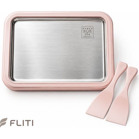 FLITI- Machine à Glaces Roulées en Acier Inoxydable 304, 26 x 21 cm, Rose, avec 2 Spatules, Sans Électricité, pour Glacés Roulés, Yaourts Glacés et Sorbets (1/5)