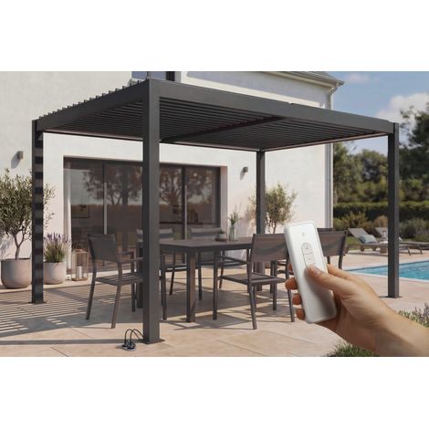 Bioklimatische Pergola 4x3 m freistehend motorisiert mit LED AGOSTA Höhe 250 cm – Aluminium grau