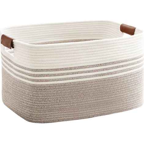 Panier à Linge En Coton Tressé - 60 Litres Avec Poignées En Cuir - Pour Chambre Et Salon - Blanc Et Marron (1/5)