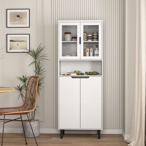 Libreria alta con anta in vetro temperato e ripiano regolabile, 4 ante, mobile in MDF laccato, bianco, soluzione contenitiva per soggiorno e camera da letto.