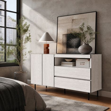 Sideboard moderno minimalista bianco con 2 ante, 2 cassetti e ripiani aperti (1/5)