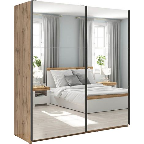 Armoire placard à 2 portes coulissantes avec miroir coloris Chêne wotan - Longueur 183 x Profondeur 60 x Hauteur 195,5 cm (1/5)