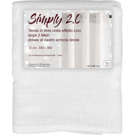 Tenda Simply 2.0 Bianco Effetto Lino - 200x300 cm - con Fettuccia per Bastone o Binario - Tinta Unita Naturale