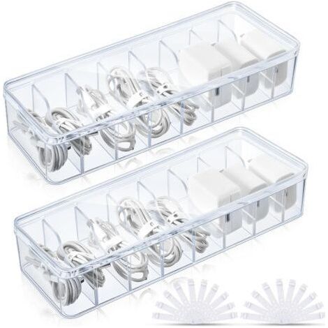 Boîte de rangement de câbles avec 10 attaches de câble, boîte de rangement de câbles en plastique transparent avec couvercle, boîte de rangement de chargeur électronique pour boîte de rangeme (1/5)