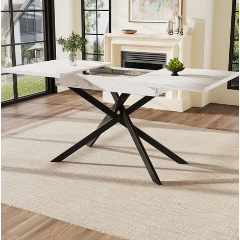 Esstisch Teleskoptisch(120-160cm) ,Ausziehbarer Esstisch ,platzsparender Küchentisch,Schwarz gekreuzte Eisenbeine,für Küche und Wohnzimmer,Weißer marmorierter Esstisch (1/5)
