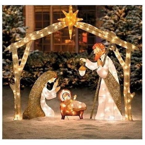 Outdoor Christmas Decoration Nativity Scene in brilliant blue crystal, illuminated nativity scene for garden
