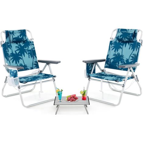 GOPLUS Lot de 3 Chaises Camping avec Table Pliantes,Salon de Camping Dossier Réglable, Porte-gobelets, Sac Transport, en Aluminium Ultra Leger pour Pique-Nique,Pêche (2 Personnes,Palmier Bleu) (1/5)