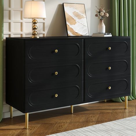 Buffet bas avec 6 tiroirs, panneaux à reliefs ovales, pieds en métal, meuble de rangement moderne pour salon. (1/5)
