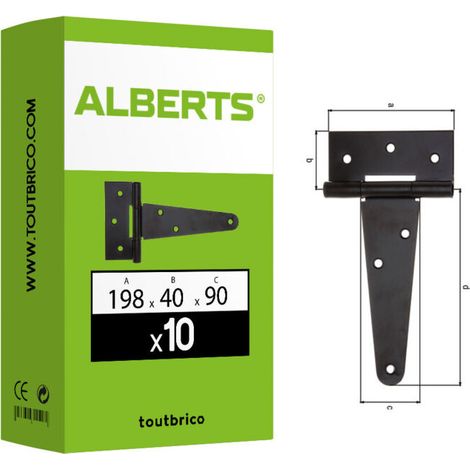 10 pentures anglaises larges acier brut 198x40x90mm noir