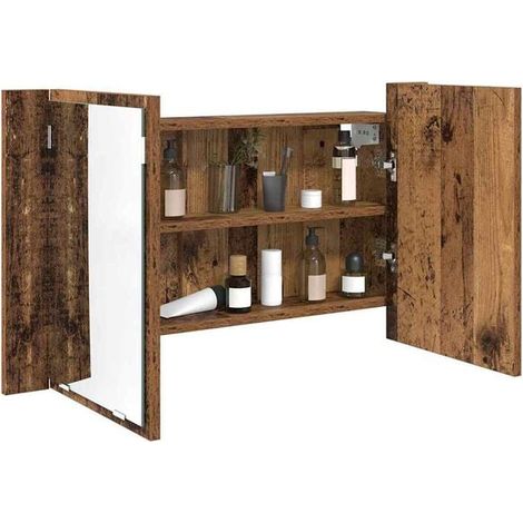 Miroir de Salle de Bain avec Armoire, Style Rustique en Bois, 80 x 12 x 45 cm, Rangement Mural pour WC et Toilette (1/5)