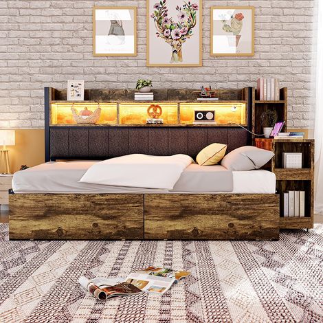 Canapé-lit 90 x 200 cm, avec armoire de rangement et coffre de rangement, prise multifonction et éclairage LED, bureau coulissant, couleur naturelle (1/5)