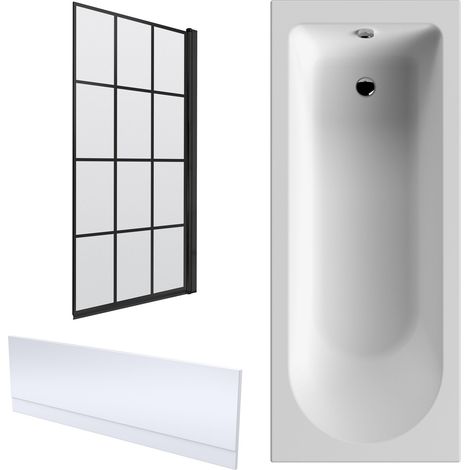 Round Single Ended 1700x750 Shower Bath Set – Front Panel, Matt Black Square Framed Screen & Leg Set (1/4)