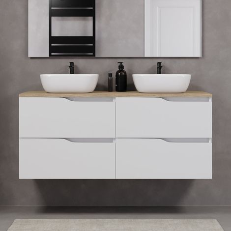 Meuble de salle de bain 120cm avec plateau miel et deux vasques à poser zeus - 4 tiroirs - sans miroir - blanc - LUNA (1/5)