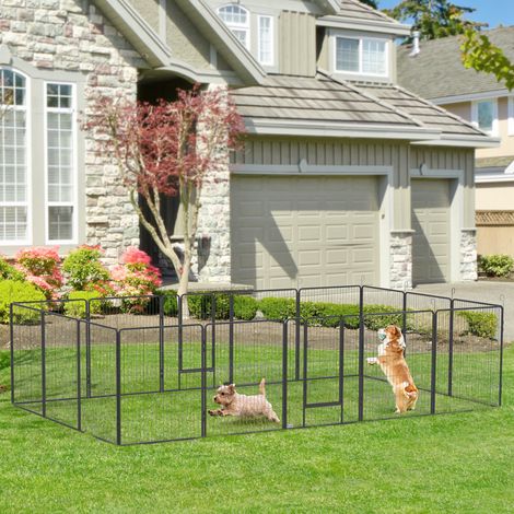 Parc pour chiots, conception modulaire, 16 éléments, 2 portes, résistant aux intempéries, acier, 3,2 x 3,2 x 1 m, gris