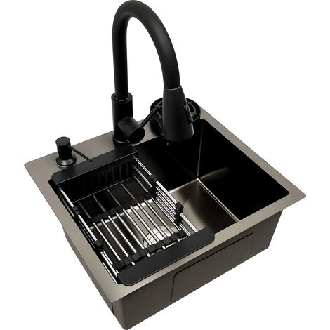 Évier de cuisine, en acier inoxydable, caractéristiques multifonctionnelles, noir (1/2)