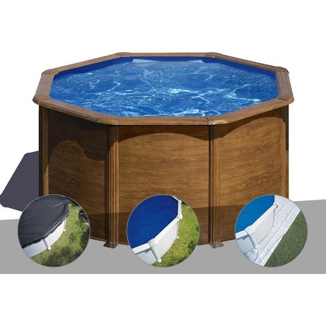 Kit piscine acier aspect bois Gré Pacific ronde 2,60 x 1,22 m + Bâche d'hivernage + Bâche à bulles + Tapis de sol