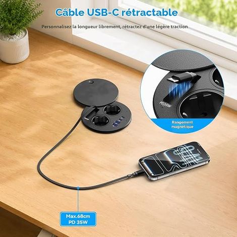 Recessed Power Strip with Retractable USB-C Cable Black (1/4)