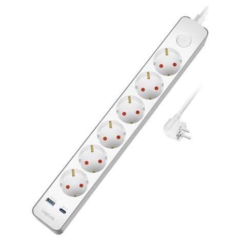 LogiLink LPS288U - Regleta de 6 enchufes + Interruptor de Encendido/Apagado, 6 x CEE 7/3, 1 x USB-A (18 W), 1 x USB-C (20 W), Longitud del Cable: 1,4 m
