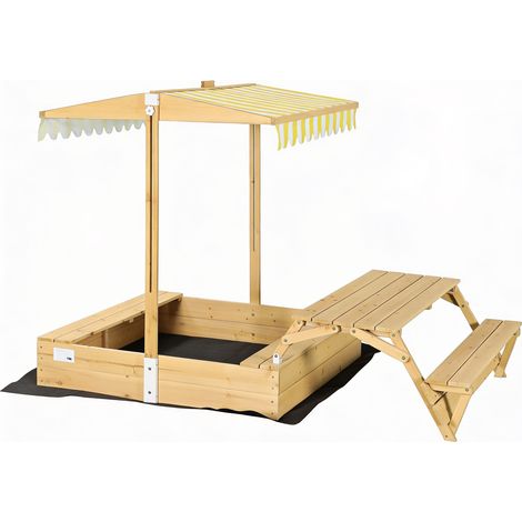 needs&wants® Holz Sandkasten mit Picknicktisch und Dach, Bänken & Abdeckung, Kinder Sandkiste mit klappbarem Deckel, UV-Sonnenschutz, Sandbox quadratisch für Garten Outdoor Spielplatz, 185x110 cm, gel