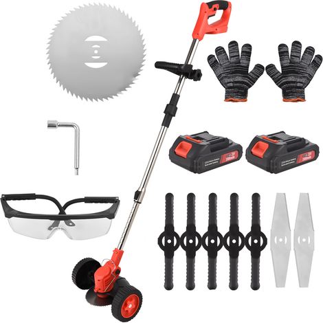 Débroussailleuse électrique sans fil à piles avec roues, 3 lames différentes, manche pliable, idéale pour pelouses, jardins et terrasses. (1/5)